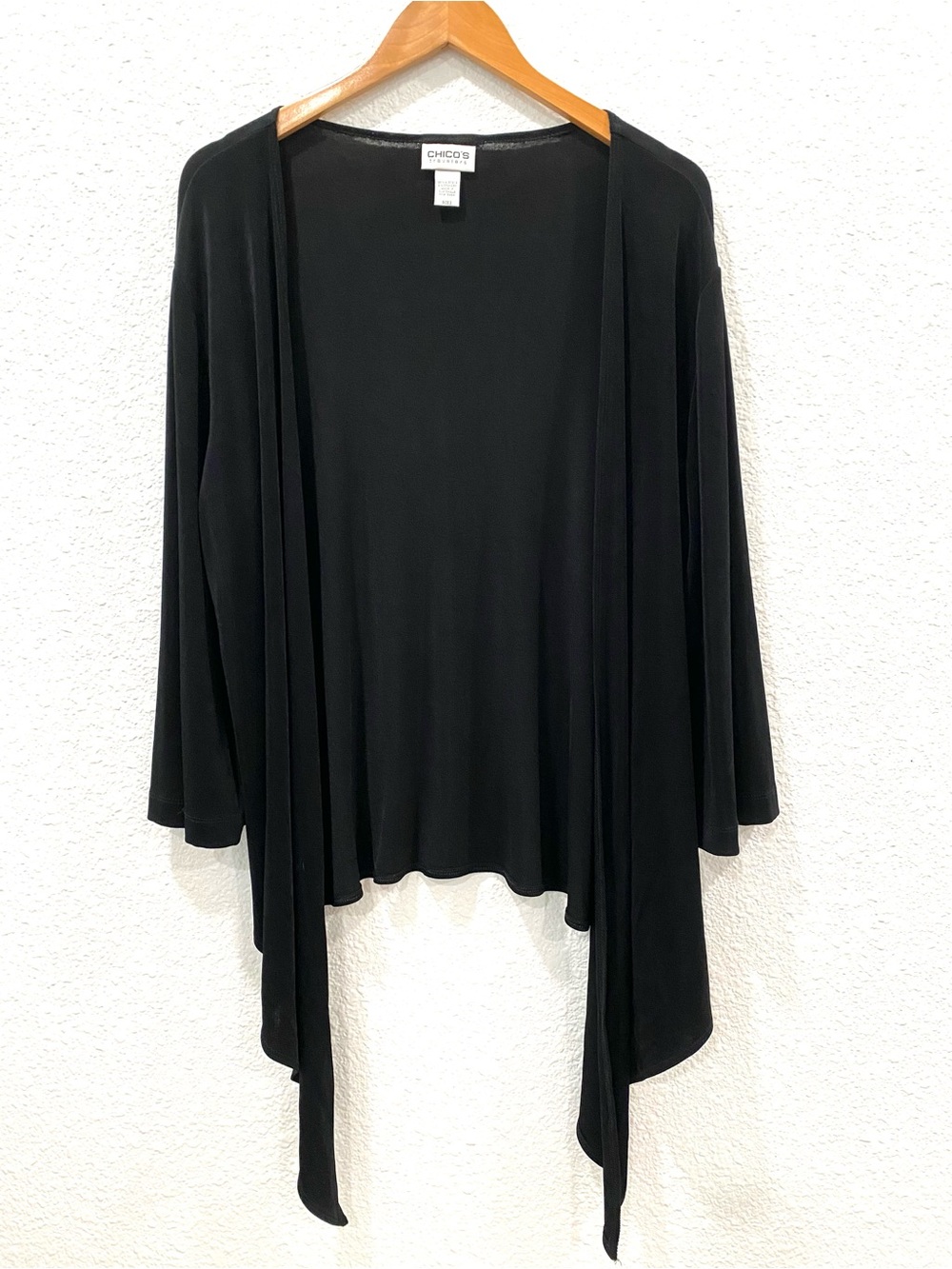 Chico’s Travelers 3 Black Open Front Cardigan Draped Sharkbite Hem Stretch XL